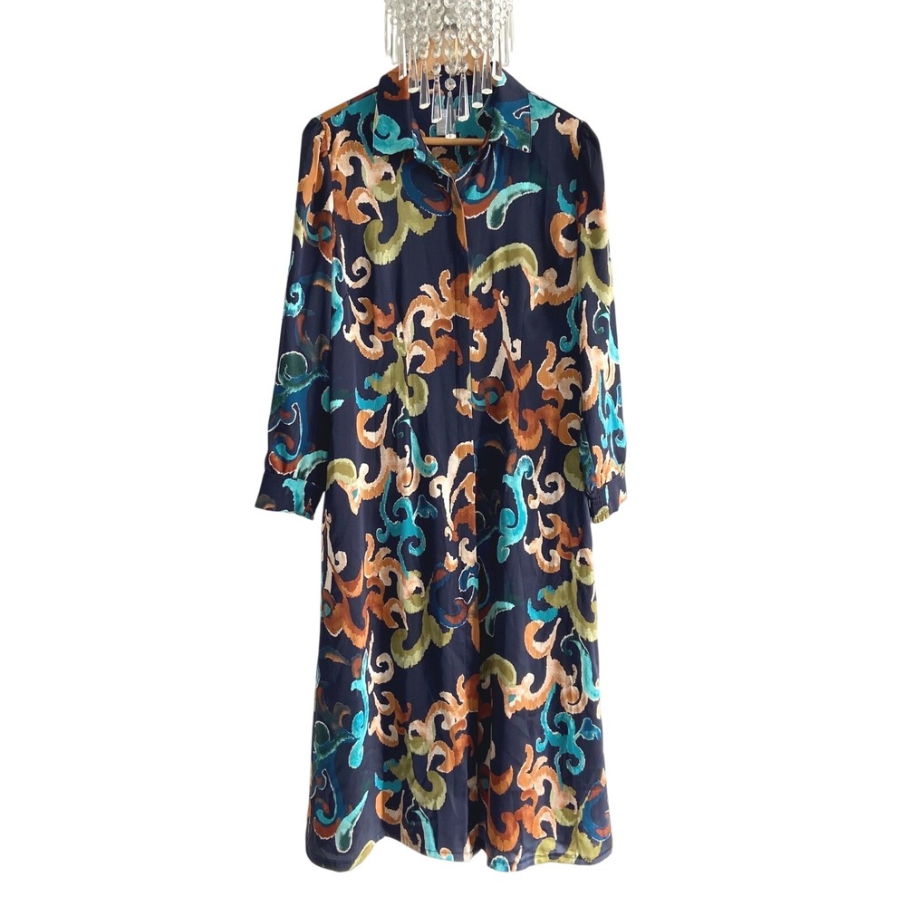 Chicos Abstract Scroll Print Midi Shirtdress Navy Blue Orange Teal Size 1 US 8